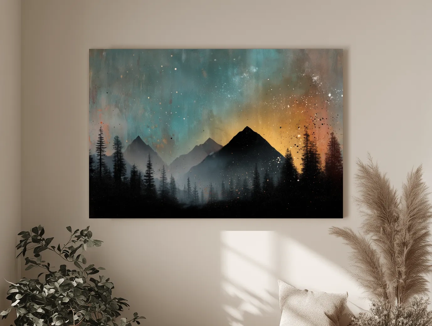 Moody Mountain Sunset Silhouette - Abstract Pine Forest Wall Art