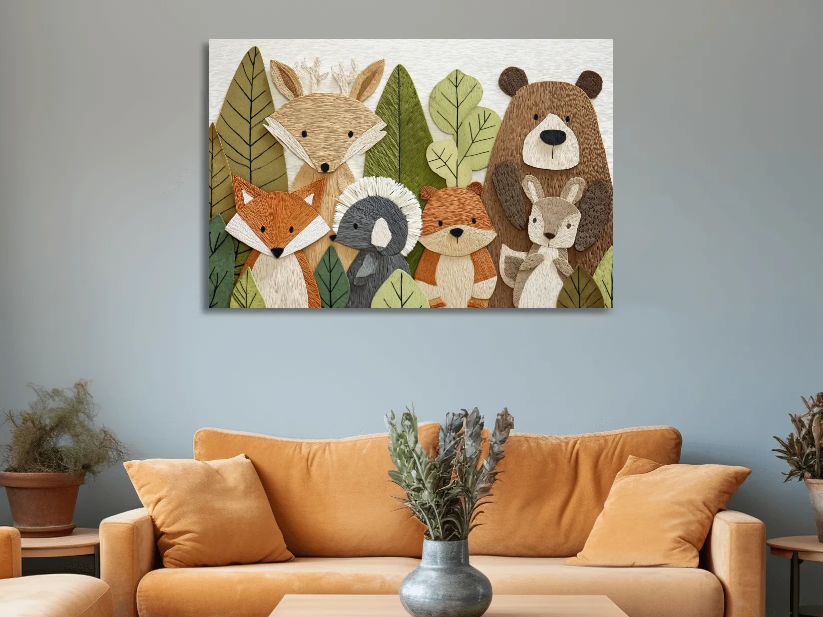 Woodland animal nursery decor, cute forest animal wall art in textured embroidery style