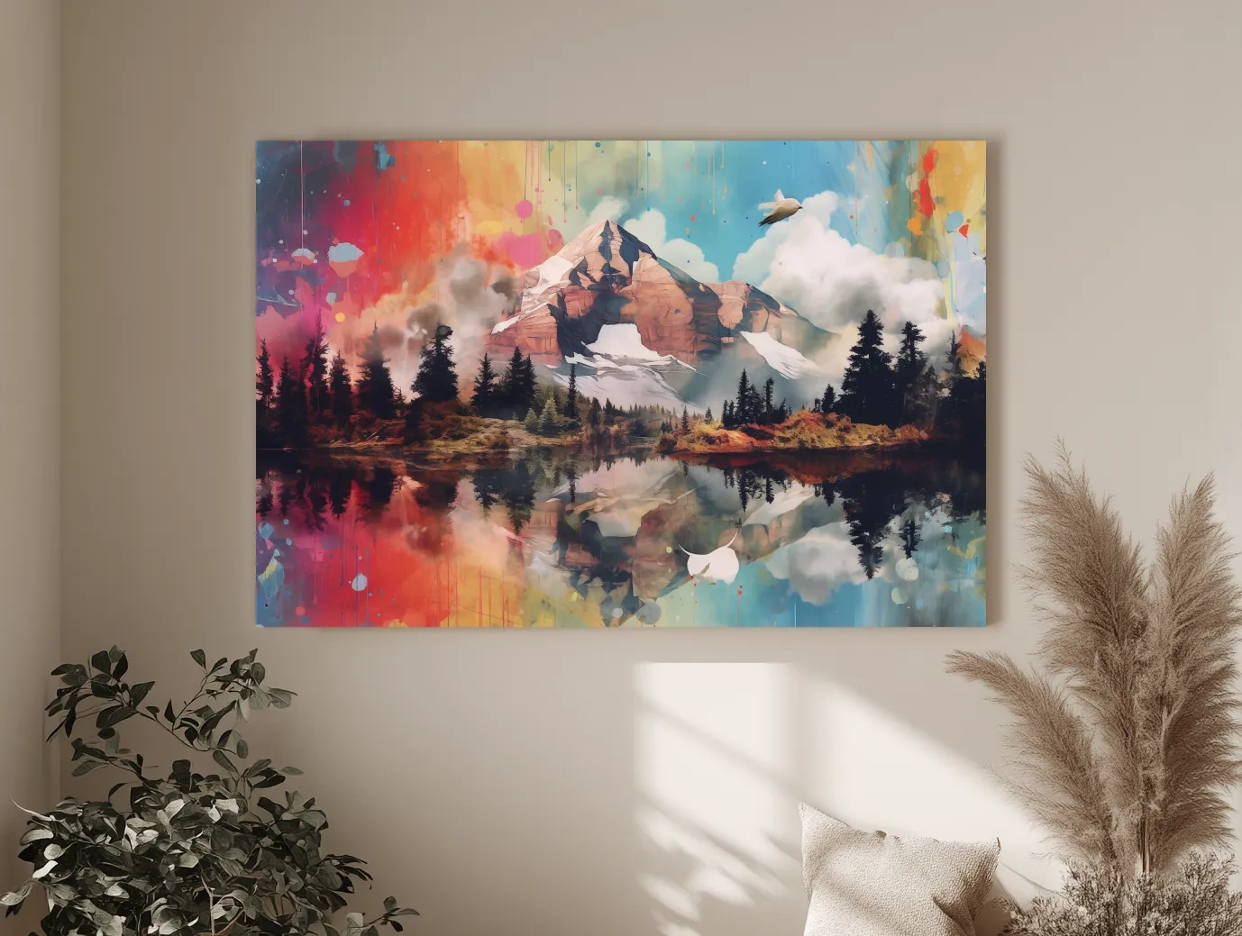 Vibrant Abstract Mountain Lake Painting - Colorful Landscape Wall Art