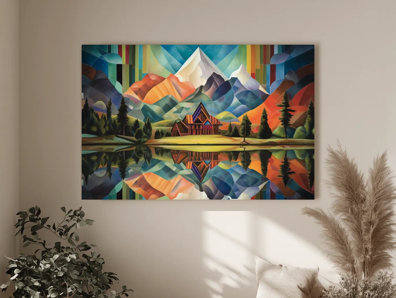 Vibrant Geometric Mountain Cabin Lake Reflection - Colorful Abstract Landscape Wall Art