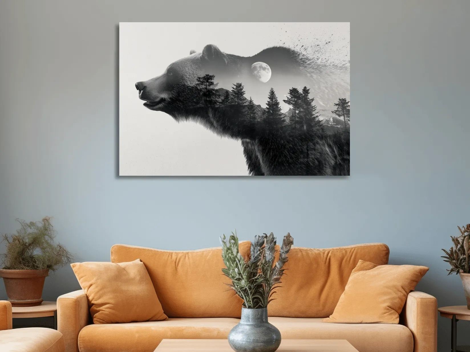 Grizzly bear wall art, moonlit forest double exposure artwork