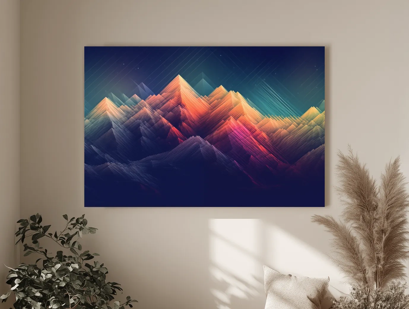 Vibrant Geometric Neon Mountain Peaks - Abstract Alpine Wall Art