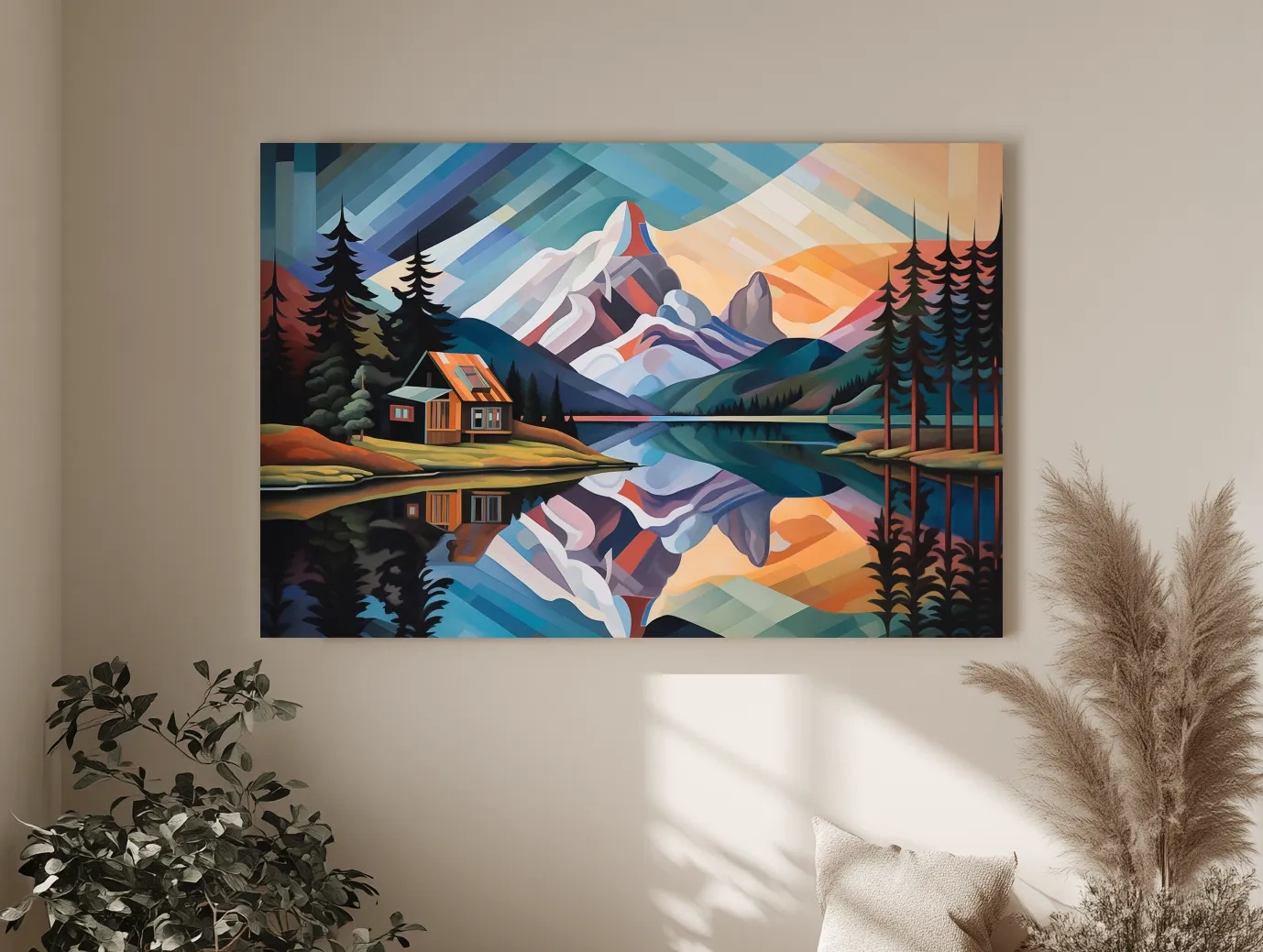 Mountain Cabin by the Lake Canvas Print - Abstract Oil Painting Sunset Wall Art