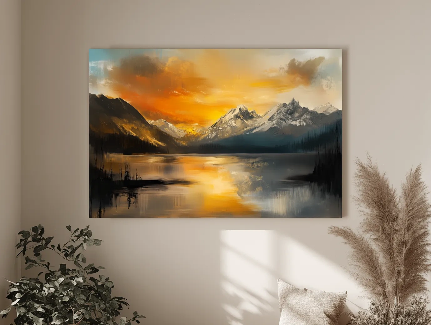 Moody Alpine Mountain Lake Sunset Painting - Oil Painting Style Wall Art