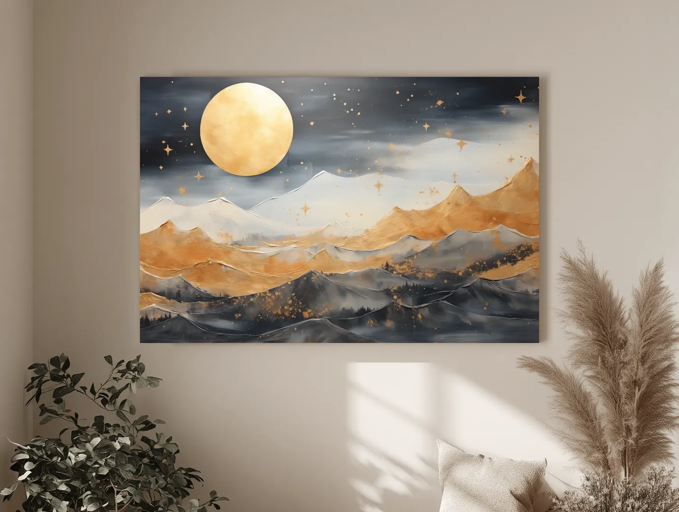 Golden Moonlit Abstract Mountain Landscape - Modern Watercolor Wall Art