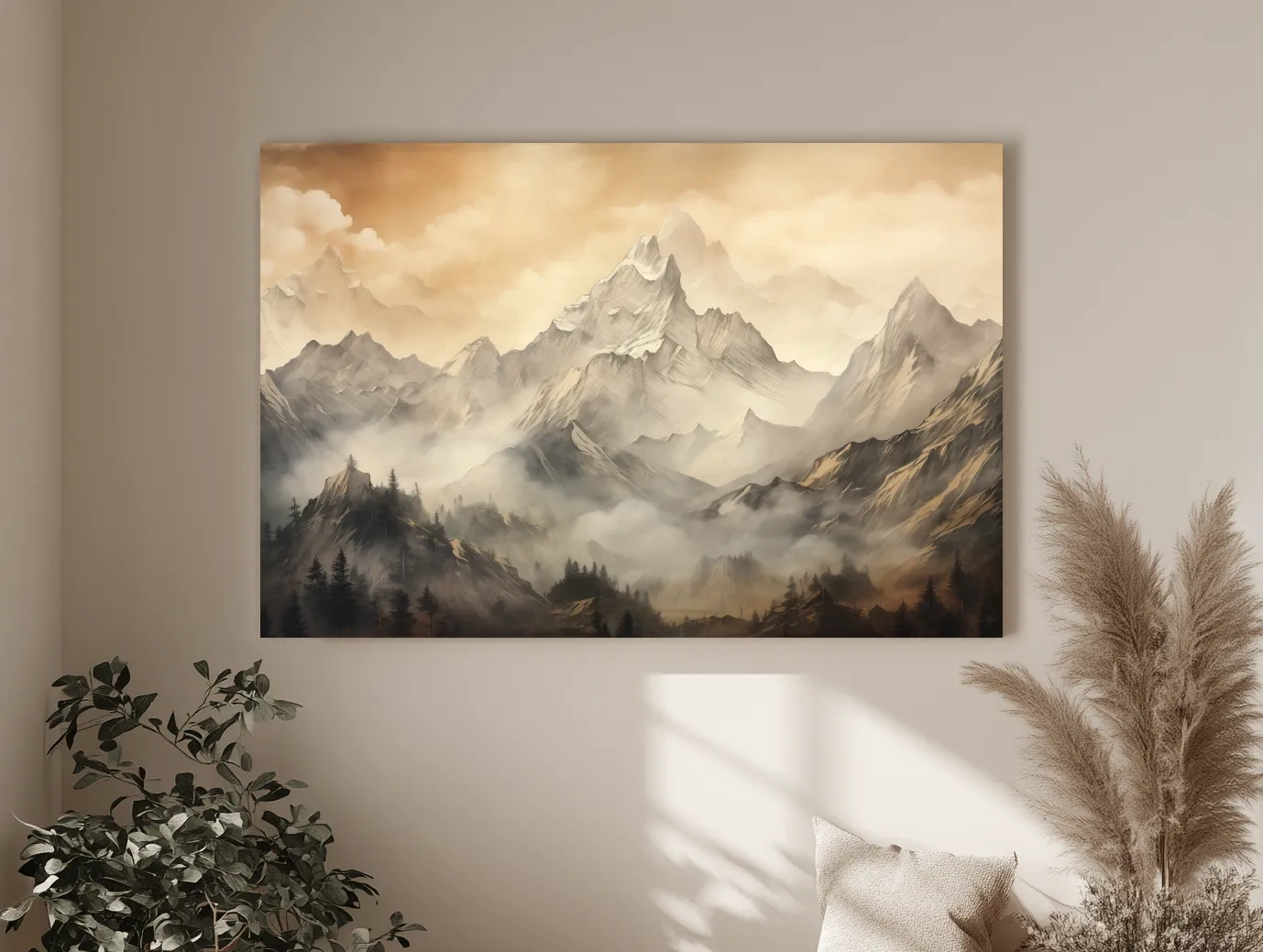 Moody Sepia Misty Mountain Peaks - Atmospheric Alpine Landscape Painting Wall Art