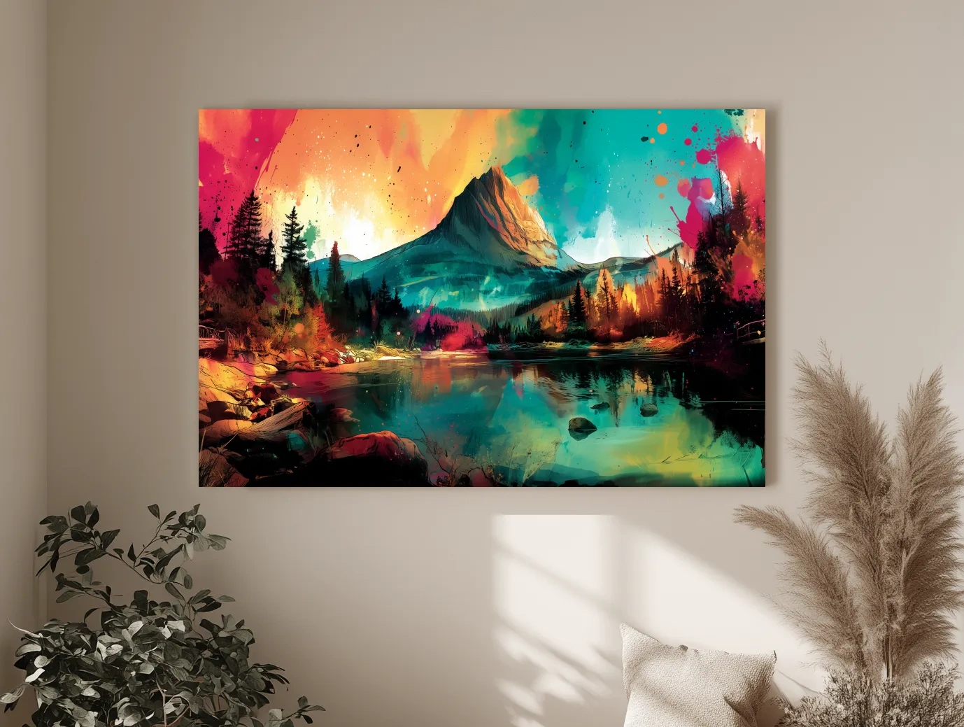 Vibrant Abstract Alpine Mountain Sunrise - Colorful Watercolor Style Artwork