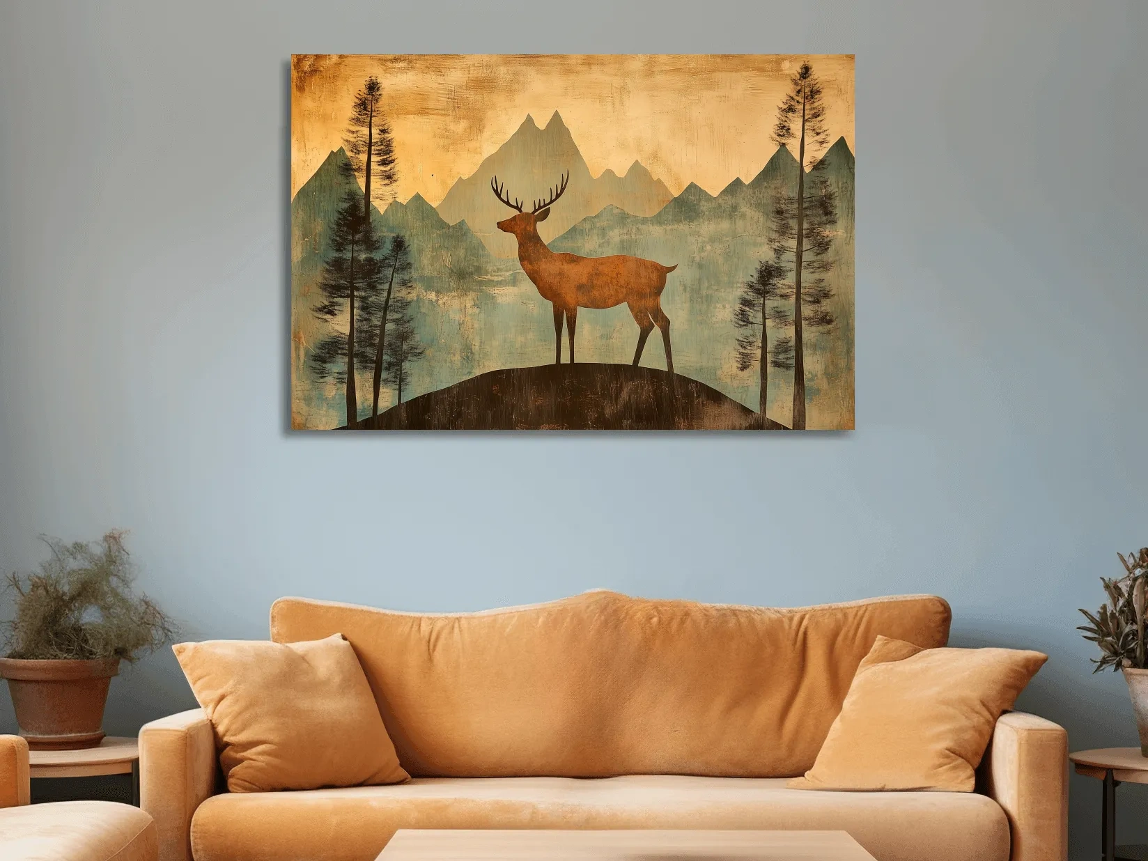 Rustic Deer Silhouette Mountain Landscape - Vintage Textured Woodland Wall Art