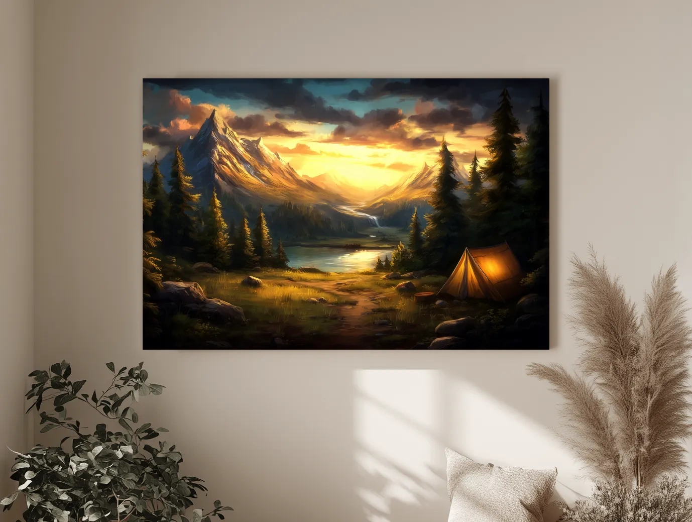 Golden Sunset Alpine Camping Scene Impressionist Painting - Scenic Mountain Wall Art