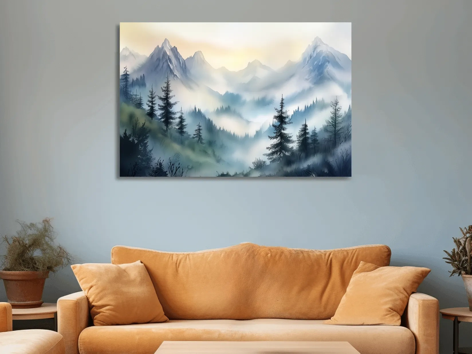 Chinese Ink Wash Watercolor Mountain Peaks - Foggy Alpine Wall Art