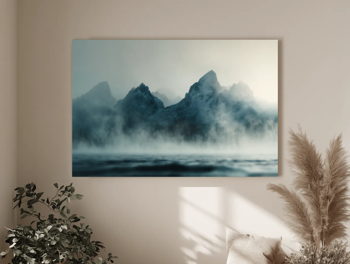 Moody Misty Mountain Peaks Over Water - Atmospheric Monochrome Landscape Wall Art