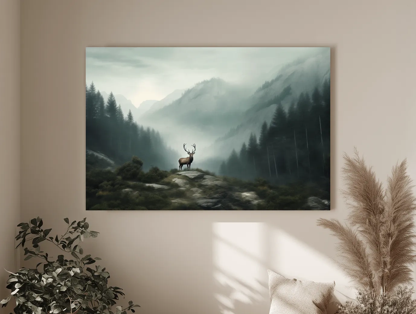 Moody Misty Mountain Deer Landscape - Atmospheric Forest Wildlife Wall Art