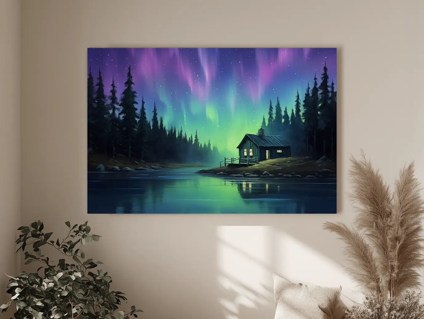 Northern Lights Over Lakeside Cabin Painting - Aurora Borealis Night Wall Art