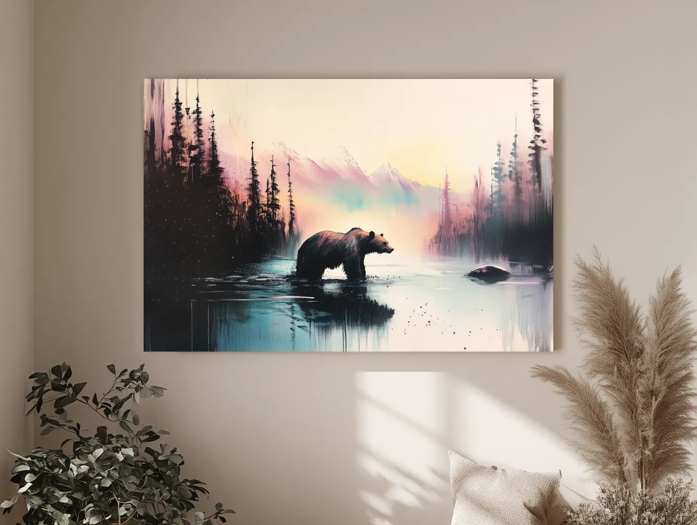 Moody Watercolor Grizzly Bear Lake Reflection - Misty Mountain Wilderness Wall Art
