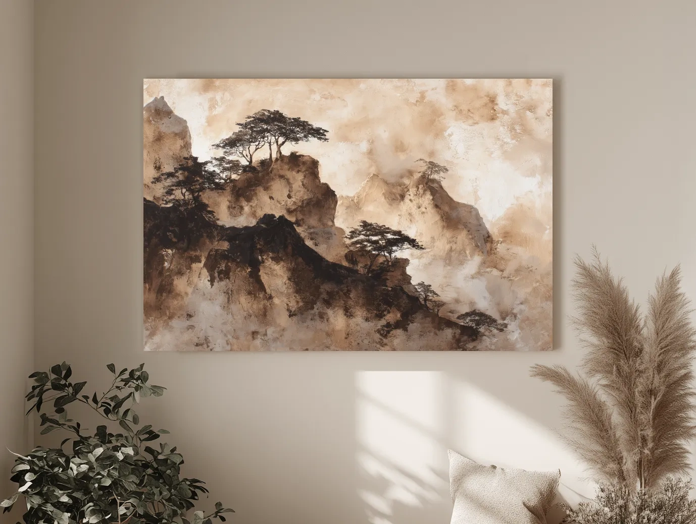 Sepia Japandi Mountain Ridge Painting - Atmospheric Ink Wash Art