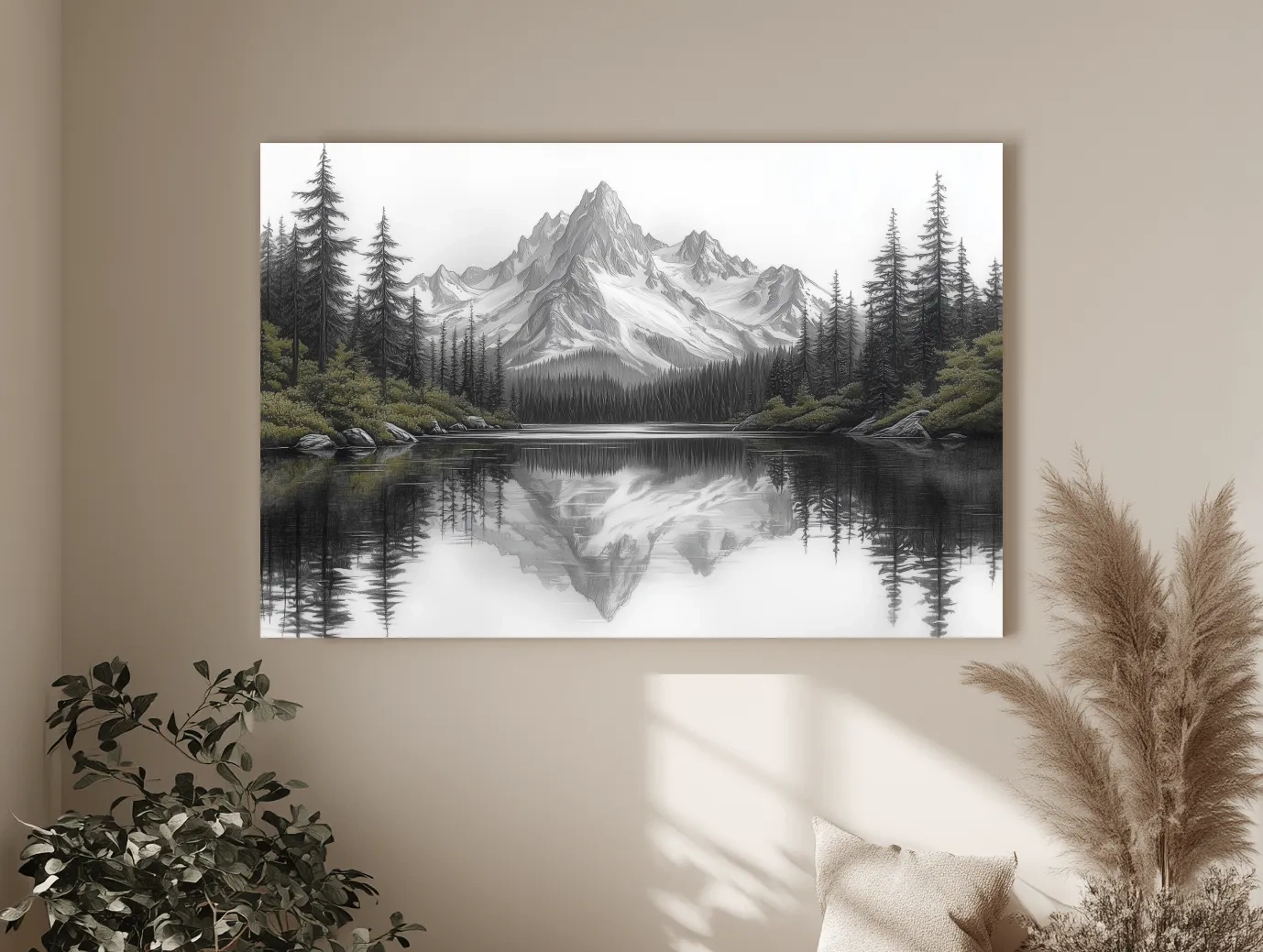 Monochrome Alpine Mountain Lake Reflection Sketch Artwork - Minimalist Forest Landscape Wall Art