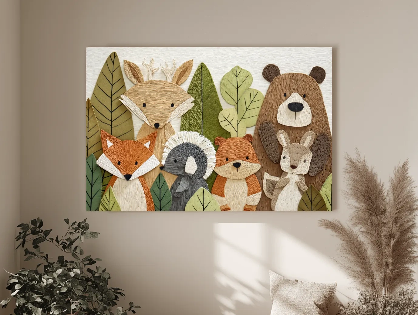 Woodland Animal Nursery Decor - Cute Forest Animals Embroidery Style Wall Art
