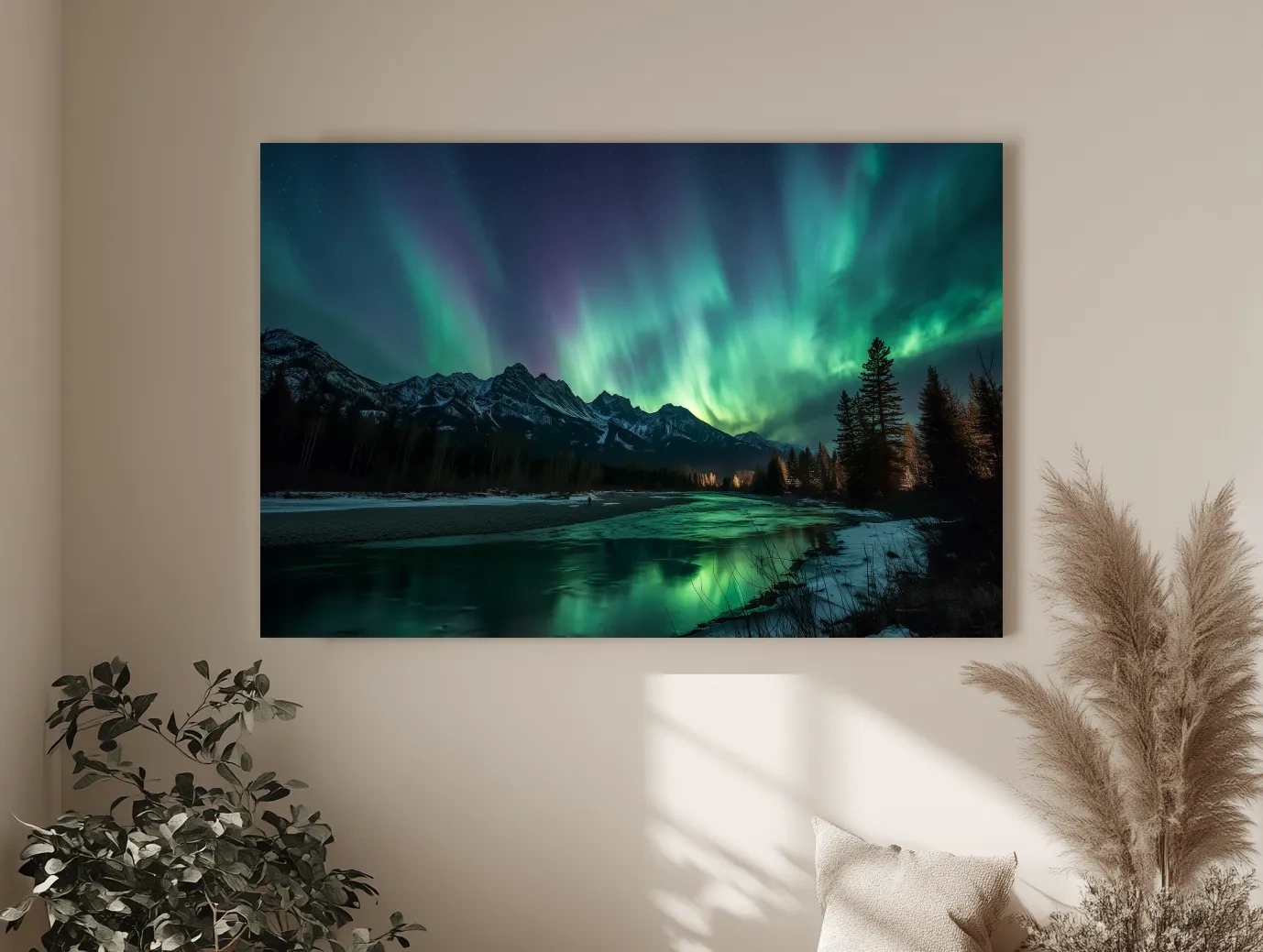 Vibrant Green Northern Lights Over Frozen Lake - Aurora Borealis Landscape Wall Art