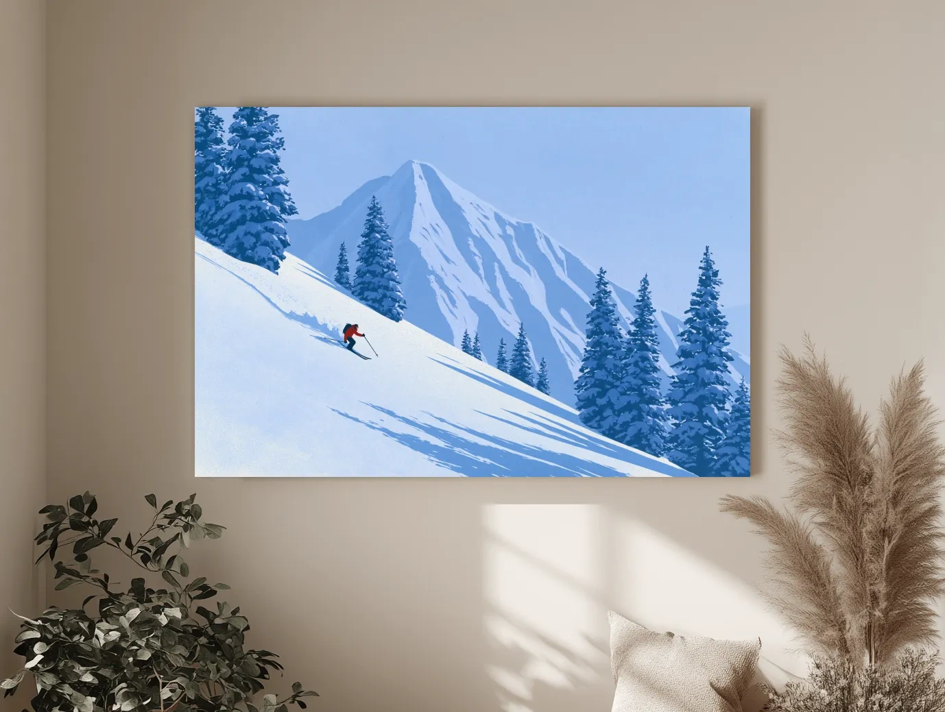 Minimalist Snowy Mountain Skier Landscape - Winter Alpine Illustration Wall Art