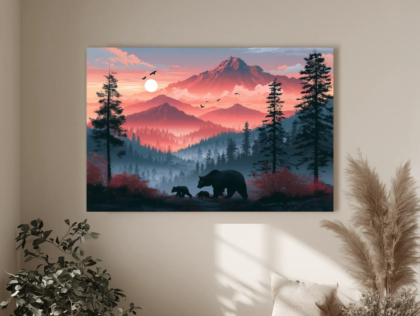 Sunset Mama Bear & Cubs Silhouette - Forest Wildlife Wall Art