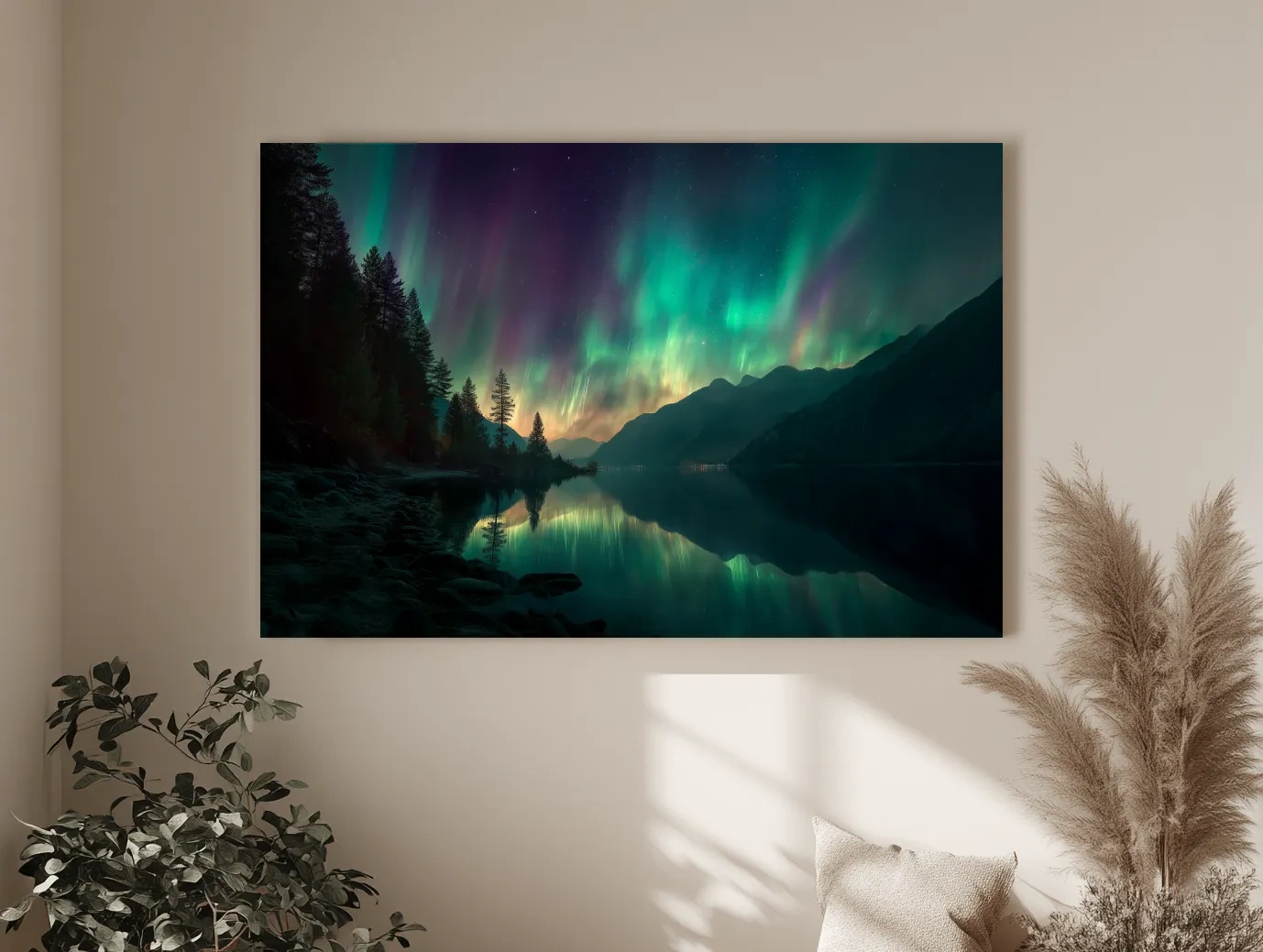 Vibrant Northern Lights Lake Reflection - Aurora Borealis Mountain Wall Art