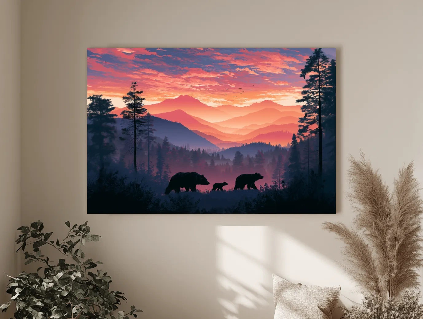 Moody Sunset Mountain Bear Family Silhouettes - Wildlife Wall Art