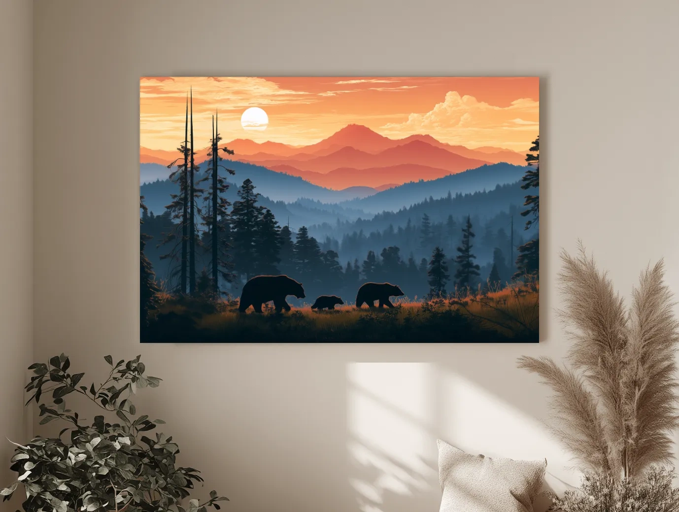 Bear Family Silhouettes - Mountain Sunset Wildlife Wall Art