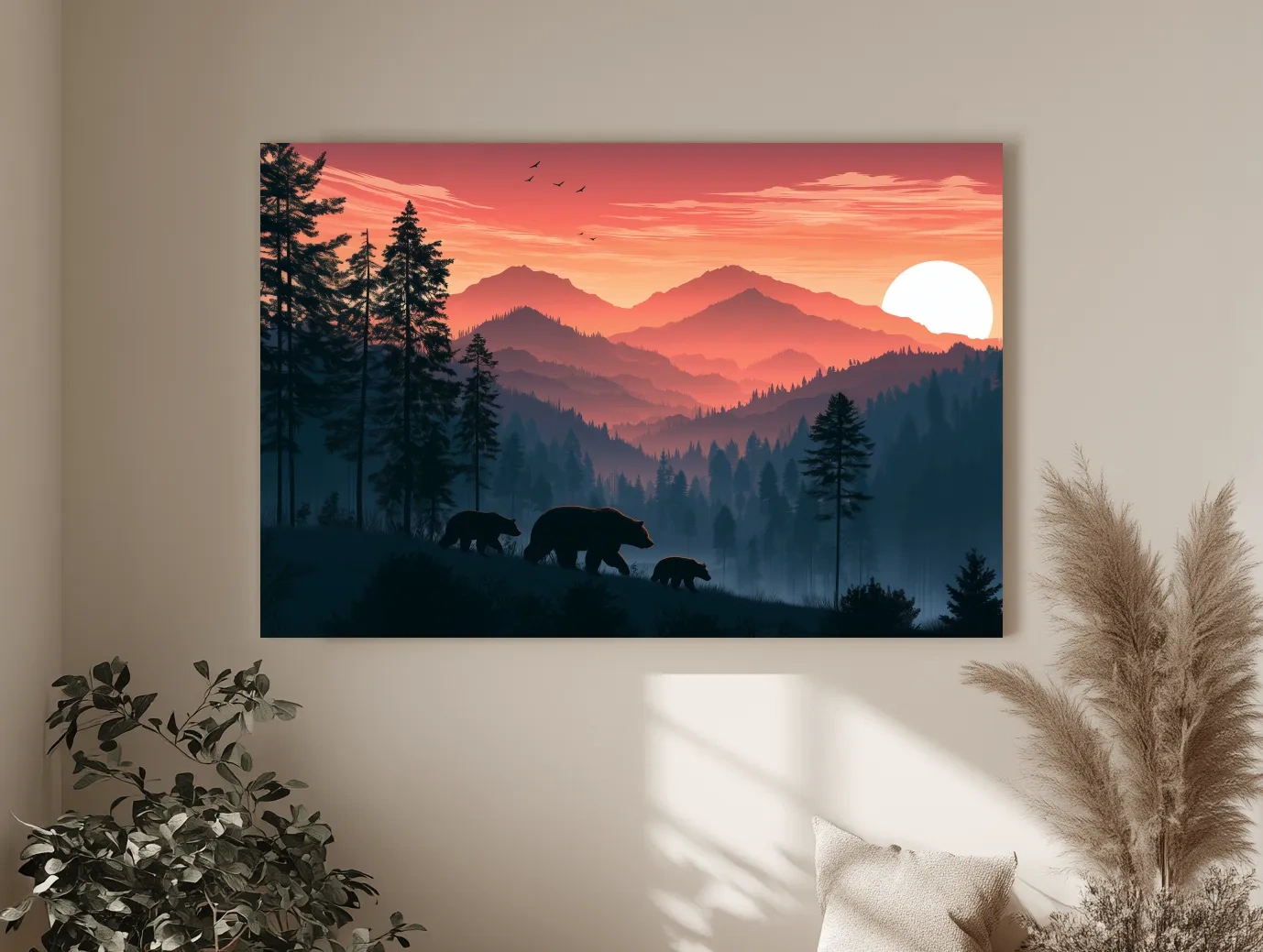 Bear Family Silhouette Mountain Sunset - Wildlife Landscape Wall Art