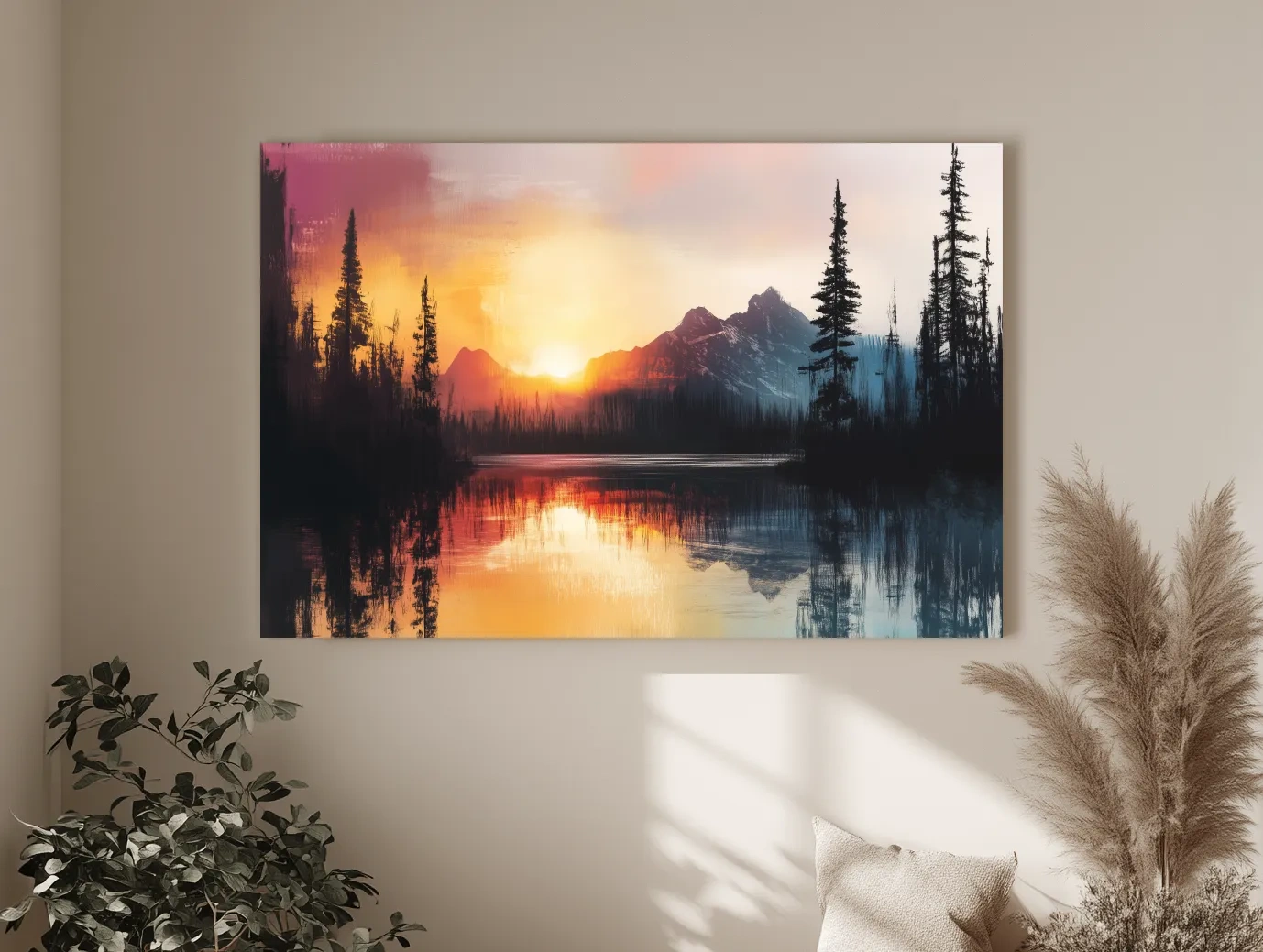 Sunset Mountain Lake Reflection Painting - Dramatic Pine Forest Landscape Wall Art
