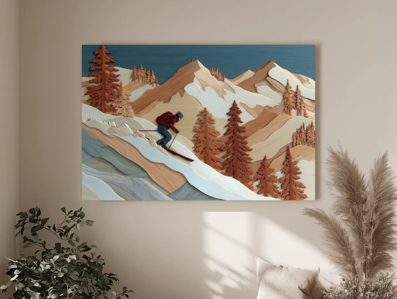 Wood Intarsia Style Skier Mountain Scene - Winter Alpine Wall Art