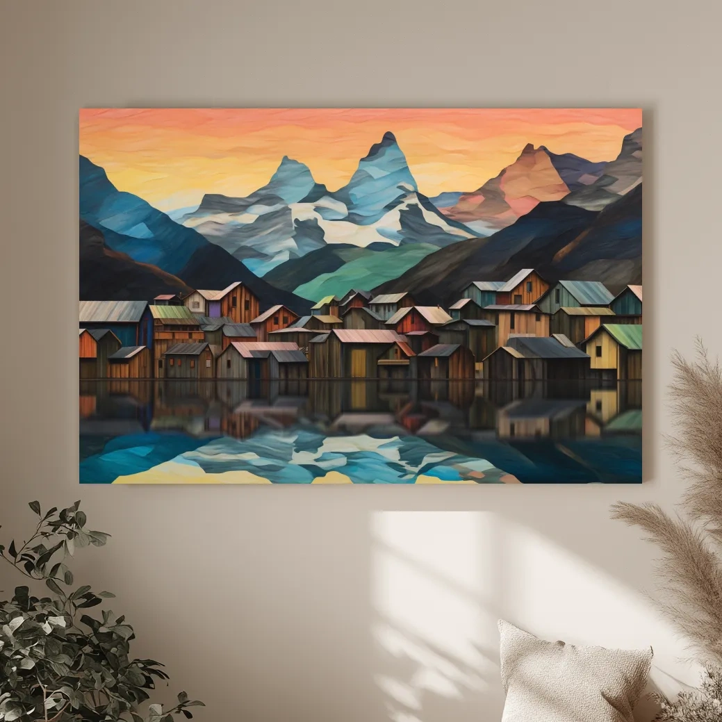 Alpine Mountain Village Reflections - Colorful Paper Cut Style Wall Art