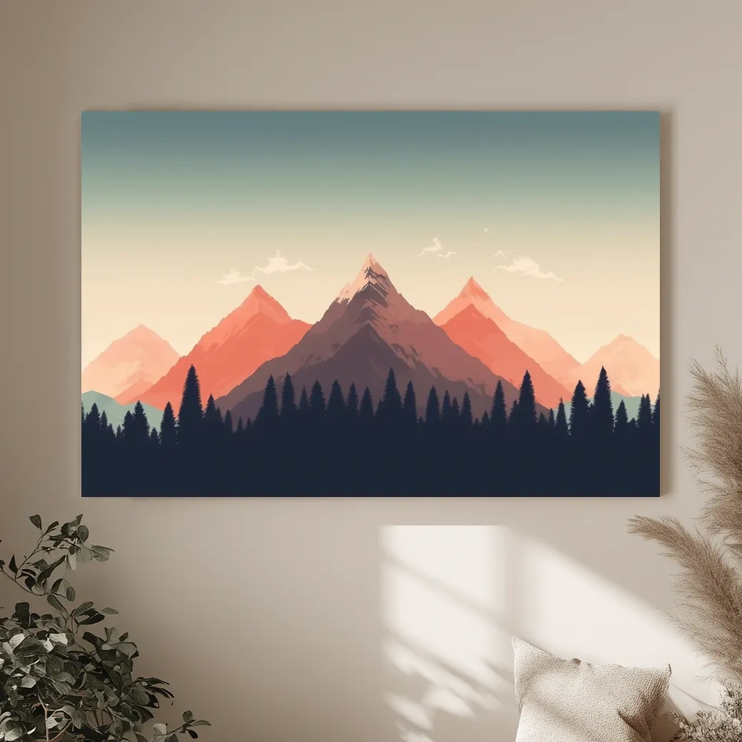 Minimalist Alpine Mountain Sunrise Artwork - Modern Scandinavian Forest Wall Art