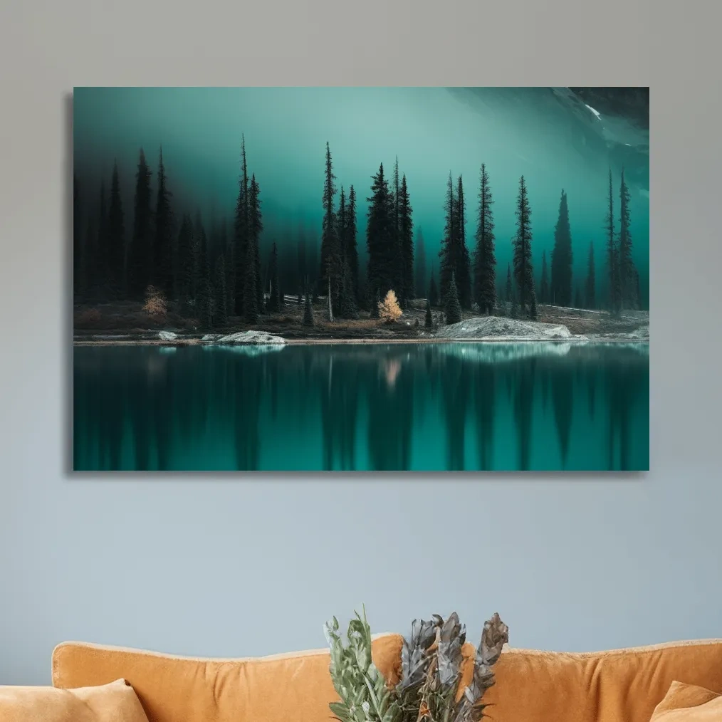Misty Pine Forest Turquoise Alpine Lake - Serene Mountain Landscape Wall Art