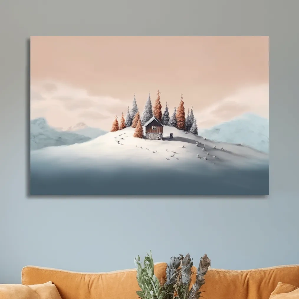 Minimal painting, cabin in the snow
