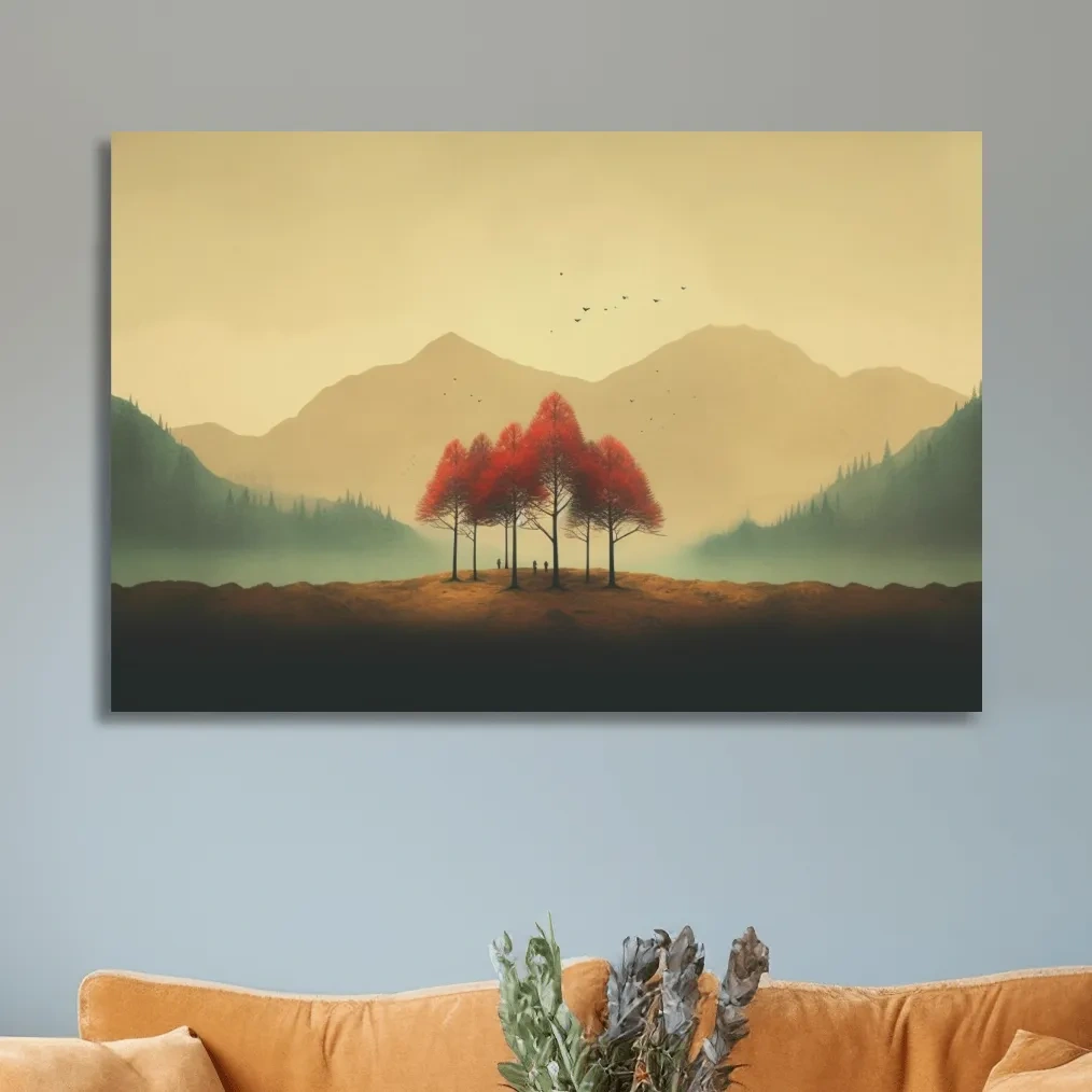 Landscape mountain artwork, minimal painting of autumn trees in the fog