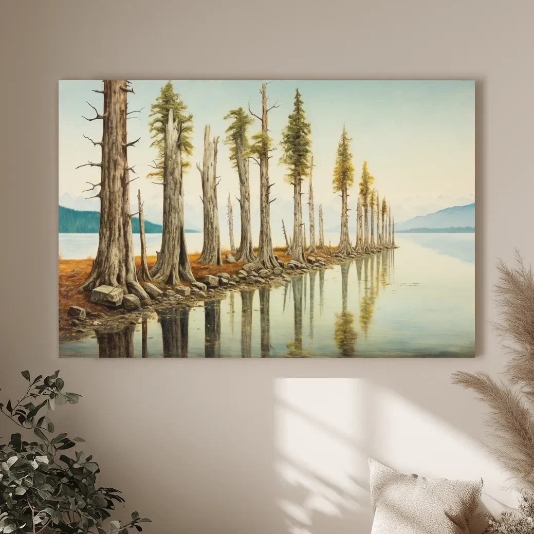 Serene Lakeside Pine Forest Reflections - Watercolor Landscape Wall Art