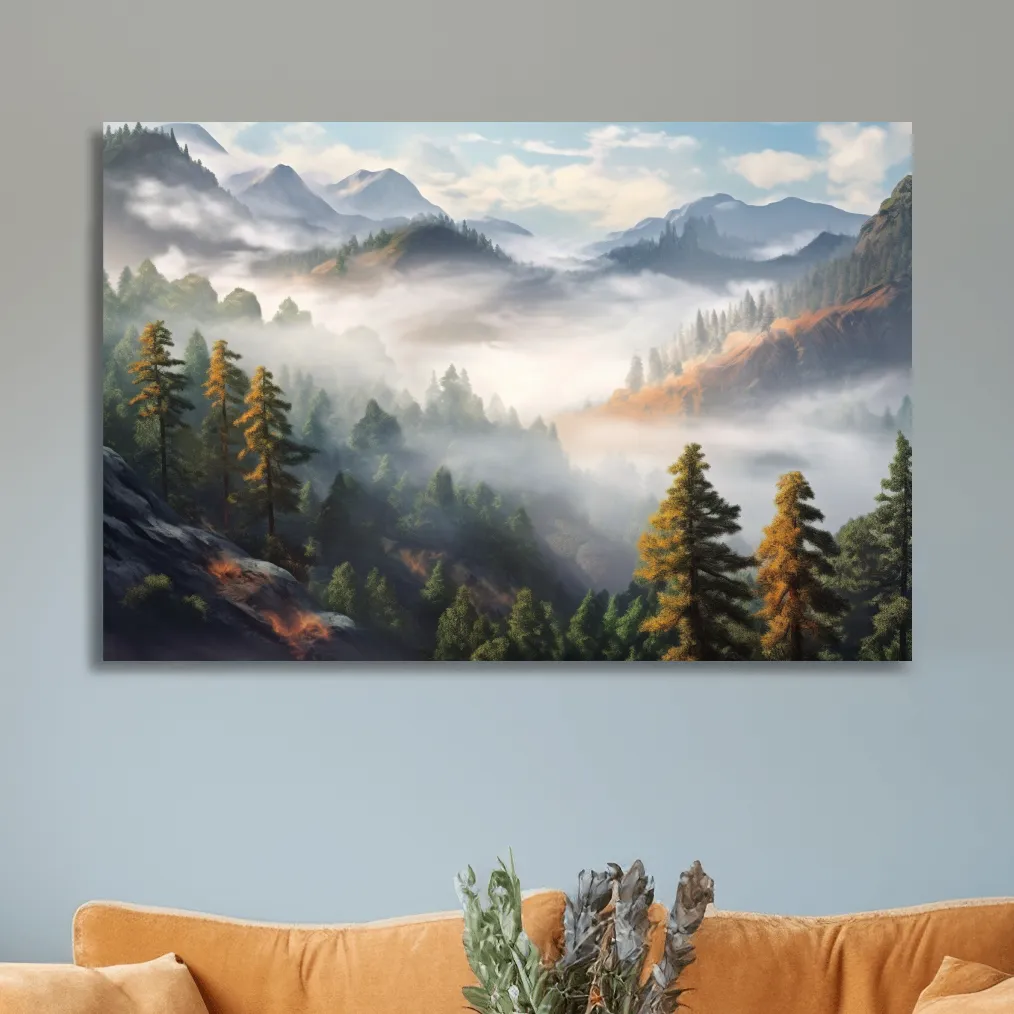 Painting of fog rolling through the trees and mountains