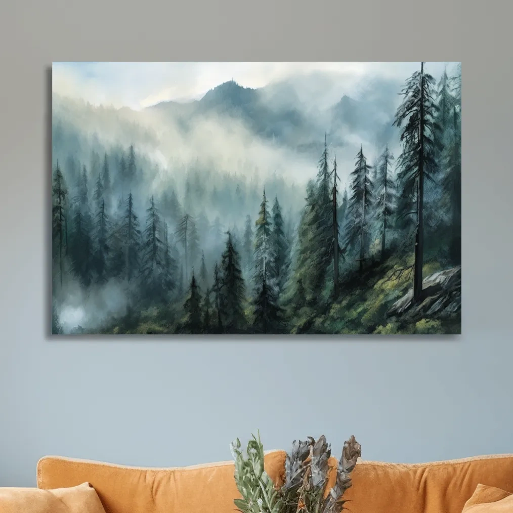 Painting of a foggy forest and mountains
