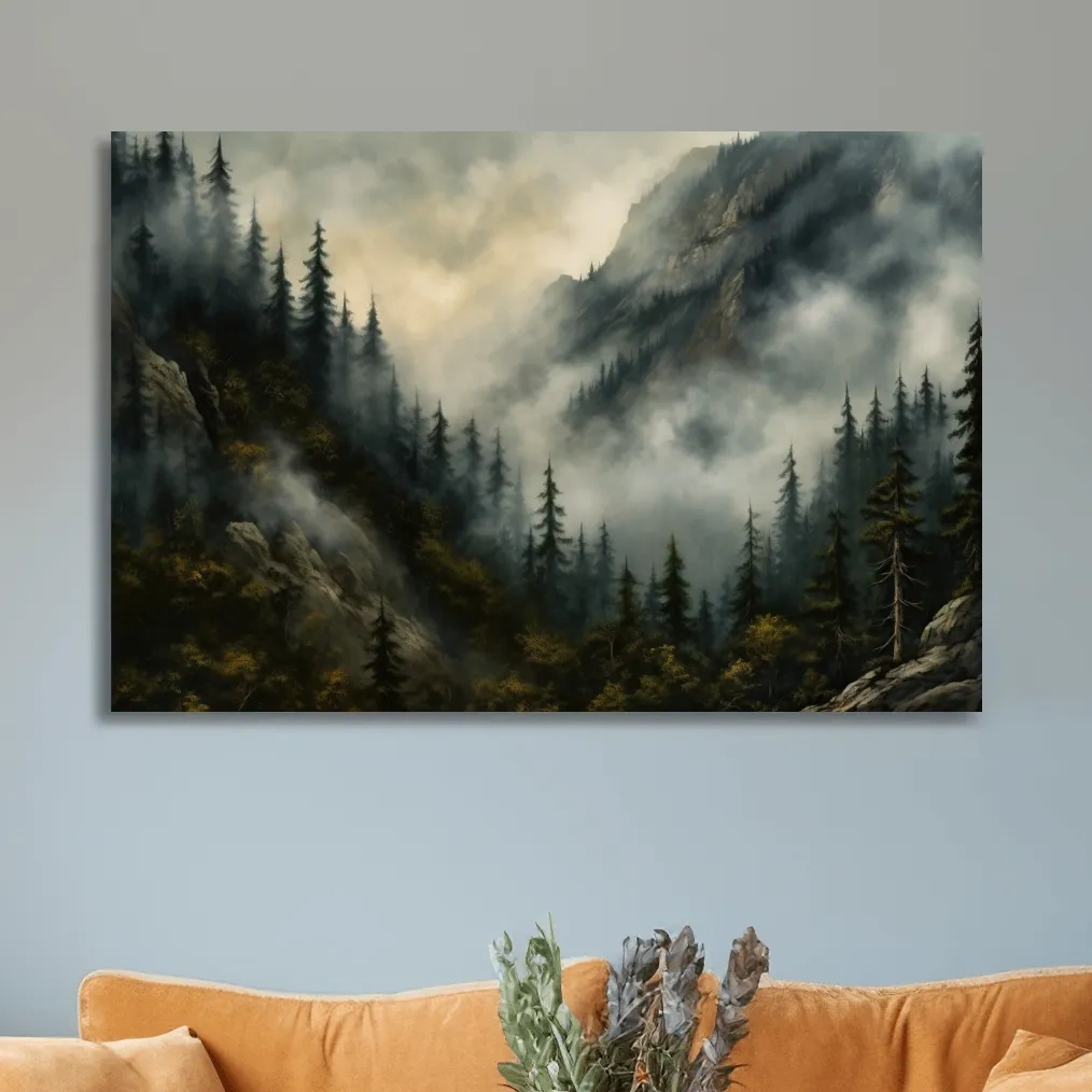 Moody Misty Mountain Pine Forest - Foggy Alpine Landscape Wall Art