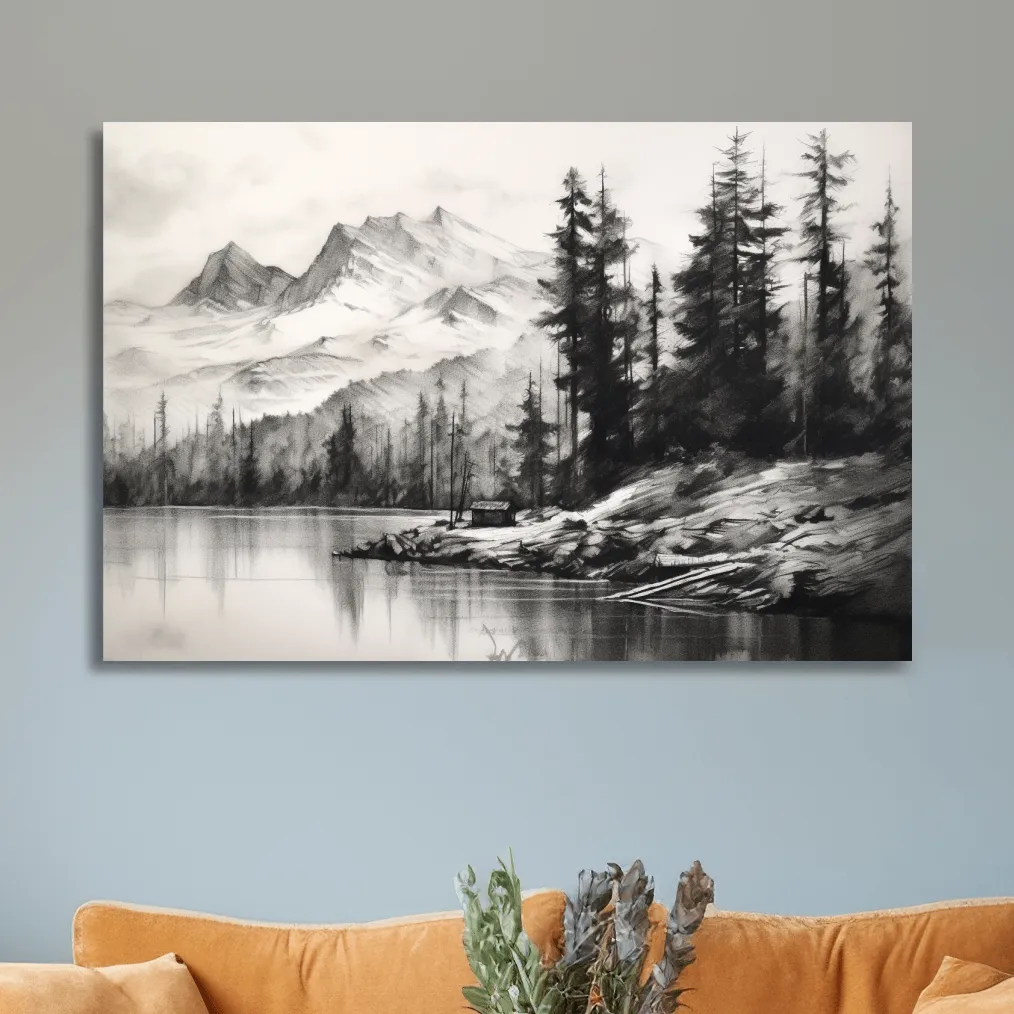 Charcoal drawing of mountains and a lake