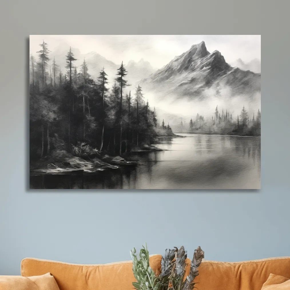 Charcoal drawing of mountains and a lake