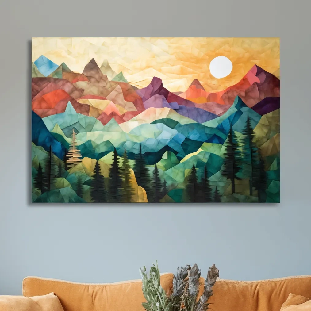 Abstract canvas print of mountains at sunset, patchwork effect