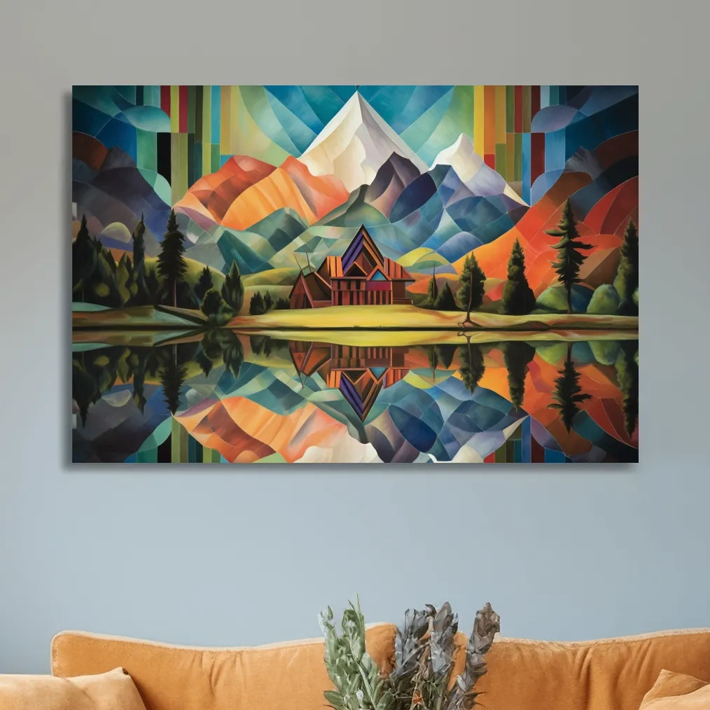 Abstract oil painting of a cabin by a lake, mountain scenery