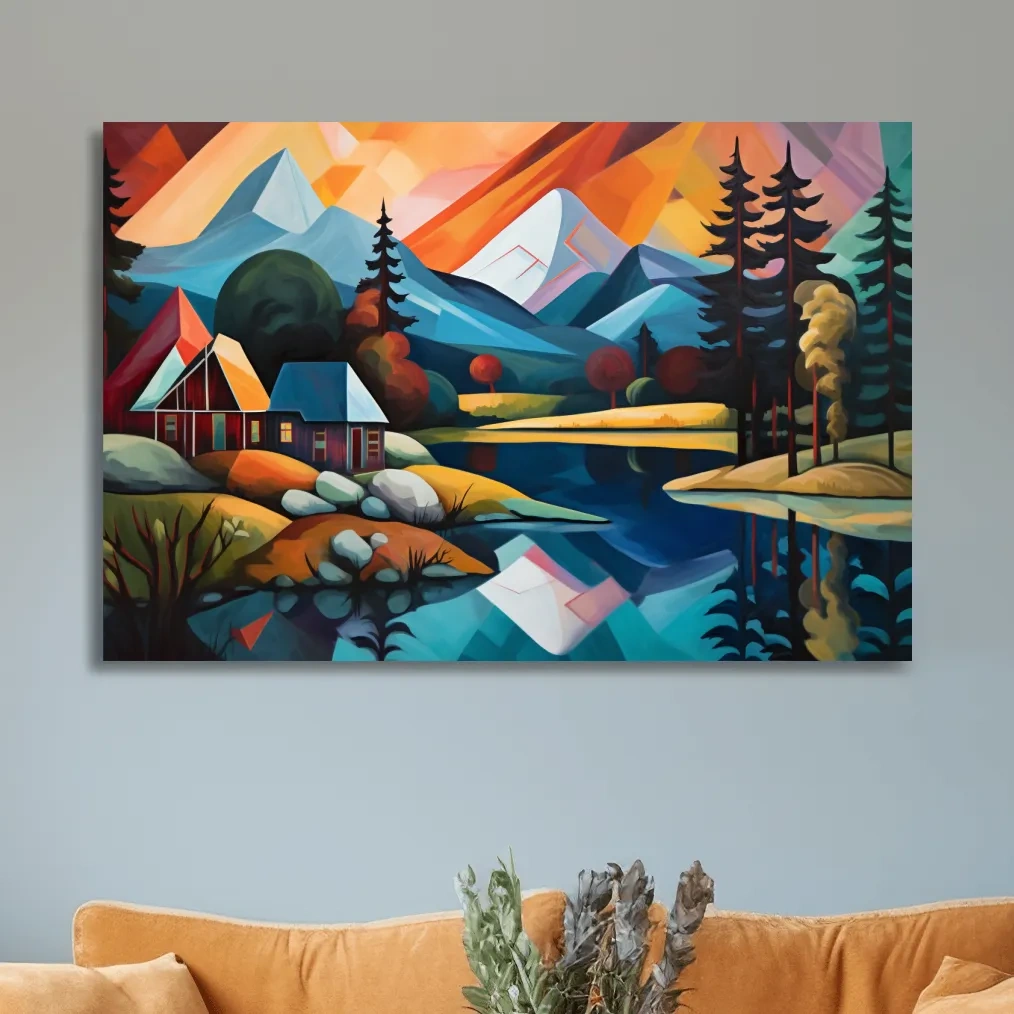 Abstract oil painting of a cabin by a lake, mountain scenery