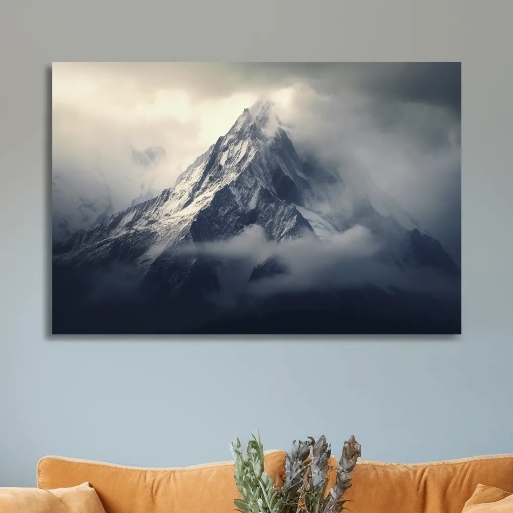 Photographic art, snow capped mountain in the clouds