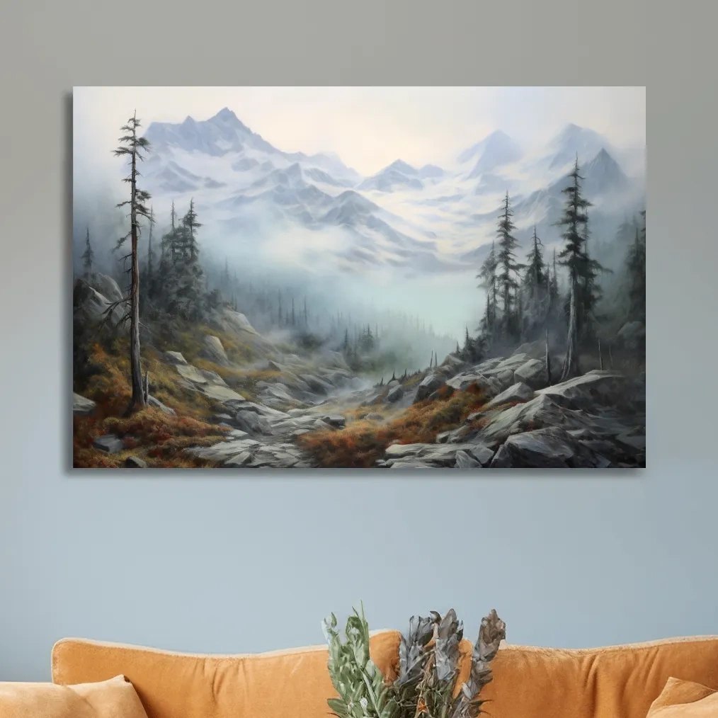 Misty Alpine Valley Painting - Moody Foggy Mountain Landscape Wall Art