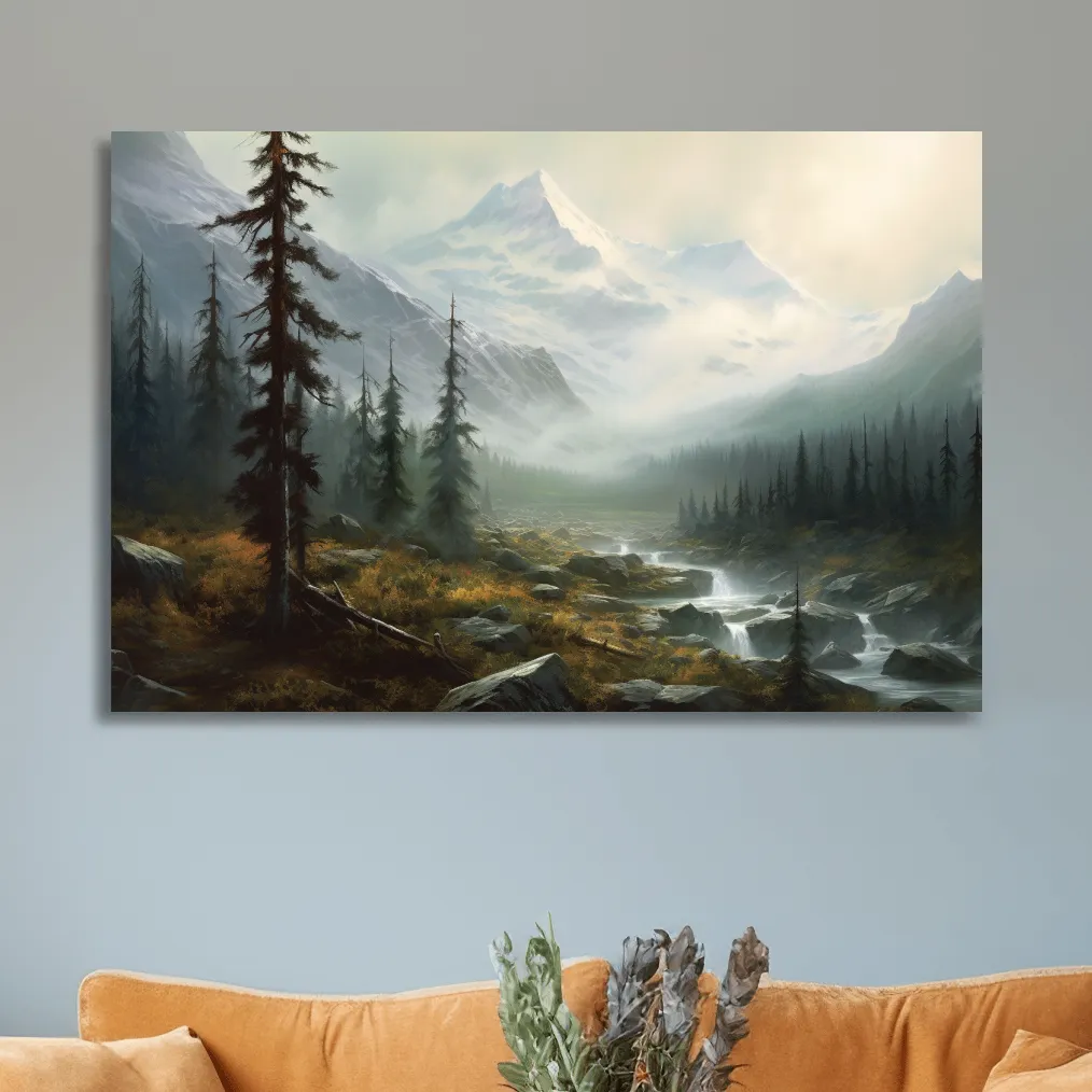 Painting of evening fog in the alpine