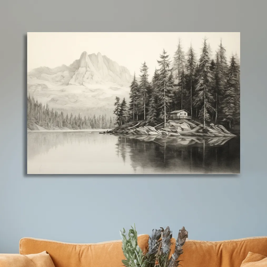 Lead pencil drawing of a cabin by the lake