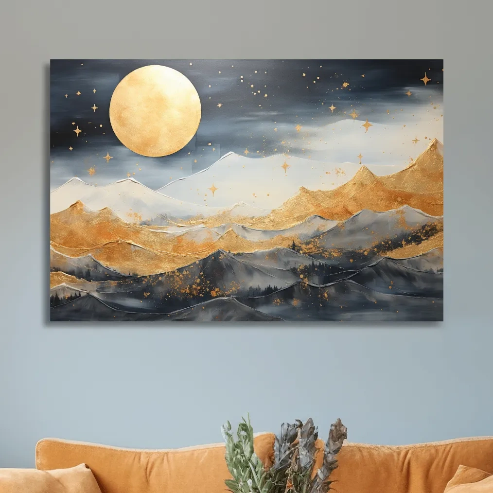 Elegant gold painting of mountains under the stars