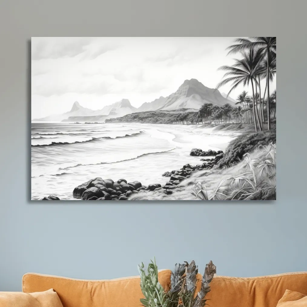 Black and white drawing of a tropical beach mountain scene